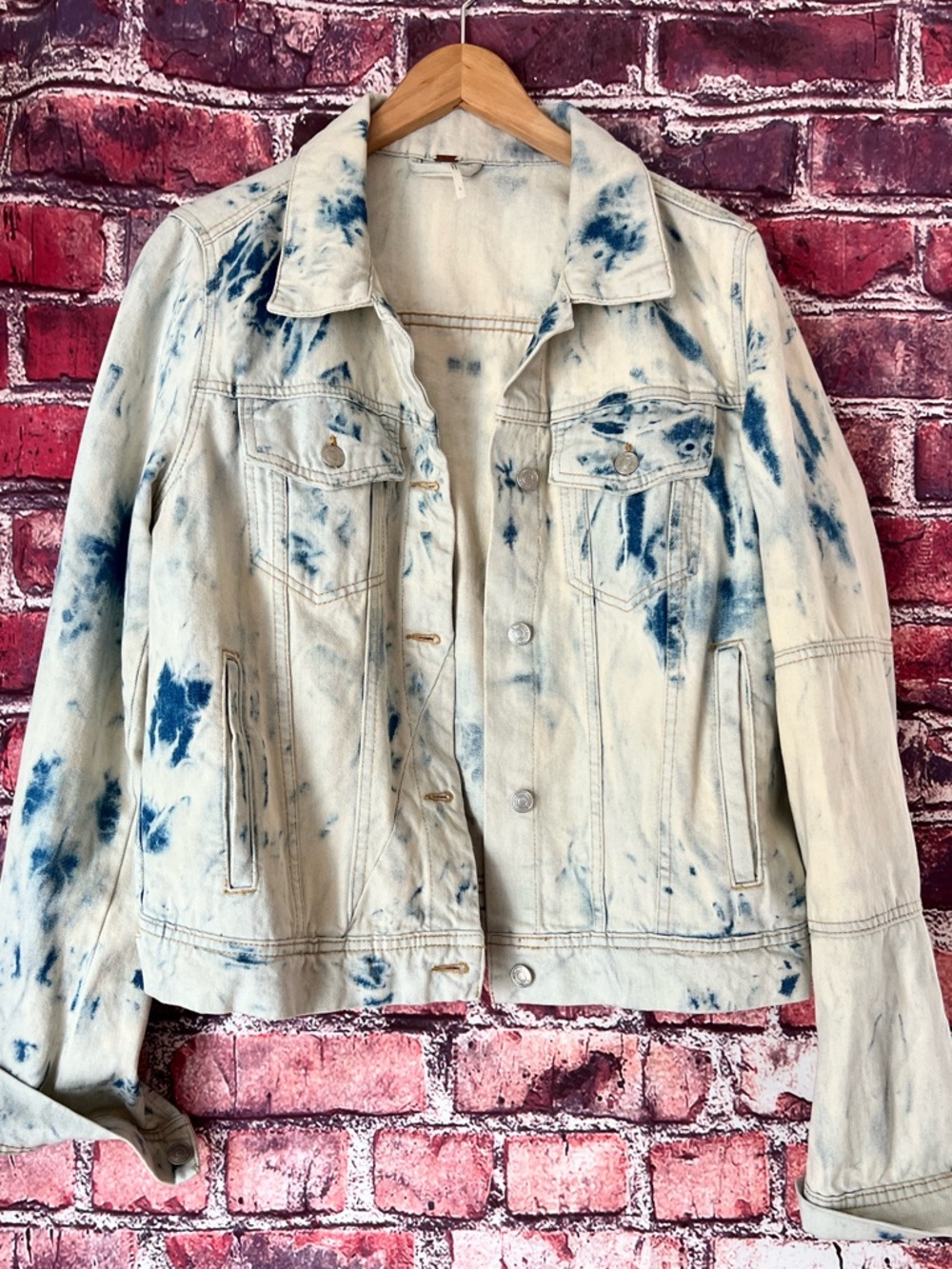 Free People Bleached Denim Jacket with Blue Tie-Dye Spots